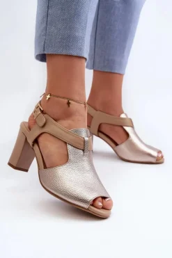 Damskie Boto Sandały Damskie Na Słupku Z Eko Skóry Złote Queenmarie