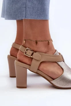 Damskie Boto Sandały Damskie Na Słupku Z Eko Skóry Złote Queenmarie