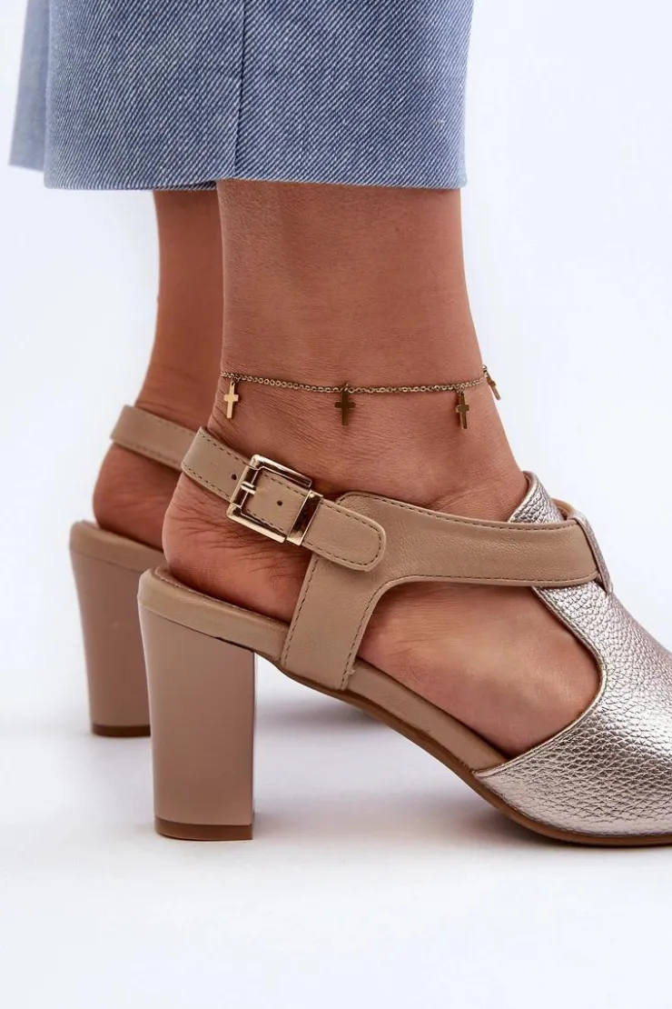 Damskie Boto Sandały Damskie Na Słupku Z Eko Skóry Złote Queenmarie