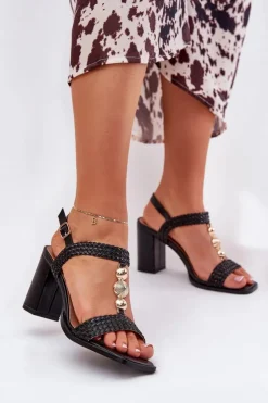 Damskie Boto Sandały Damskie Na Słupku Z Ozdobą I Plecionką Czarne Annaviel