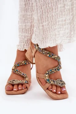 Clearance Artiker Sandały Damskie Na Słupku Z Kryształkami 56C1377 Beżowe Beżowy