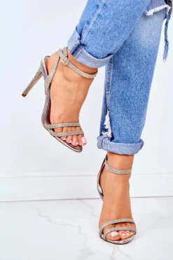 Boto Sandały Na Obcasie*Sandały Damskie Na Szpilce Brokatowe Złote Demmis