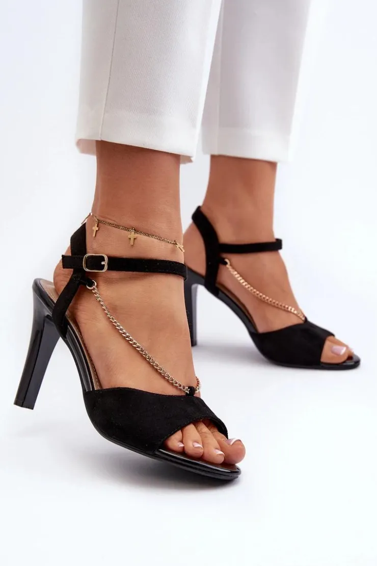 Damskie Buty Sergio Leone Sandały Damskie Na Szpilce Eko Zamszowe Z Łańcuszkiem Sergio Leone SK925 Czarne