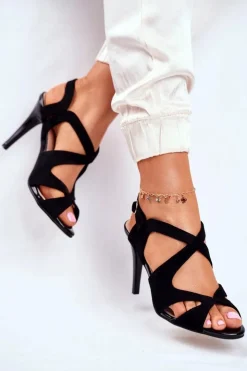 Damskie Buty Sergio Leone Sandały Damskie Na Szpilce Sergio Leone Eko-Zamsz Czarne SK427