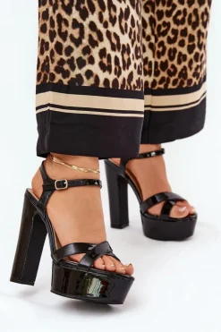 Hot Boto Sandały Damskie Na Wysokim Słupku I Platformie Lakierowane Czarne Jovenes Czarny