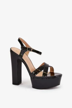 Hot Boto Sandały Damskie Na Wysokim Słupku I Platformie Lakierowane Czarne Jovenes Czarny