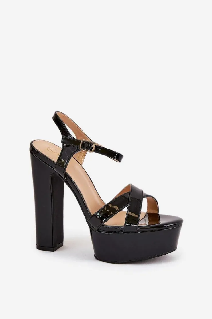 Hot Boto Sandały Damskie Na Wysokim Słupku I Platformie Lakierowane Czarne Jovenes Czarny