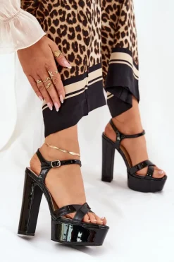 Hot Boto Sandały Damskie Na Wysokim Słupku I Platformie Lakierowane Czarne Jovenes Czarny