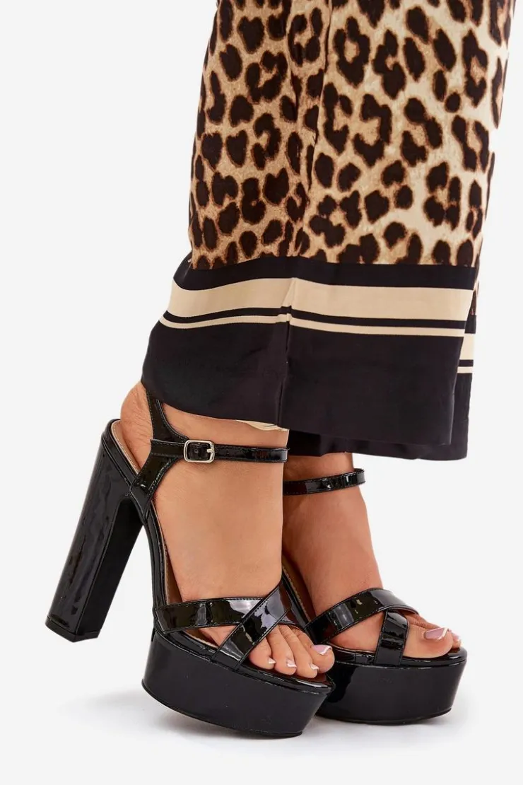 Hot Boto Sandały Damskie Na Wysokim Słupku I Platformie Lakierowane Czarne Jovenes Czarny
