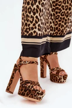 Damskie Boto Sandały Damskie Na Wysokim Słupku I Platformie W Panterkę Brązowe Jovenes
