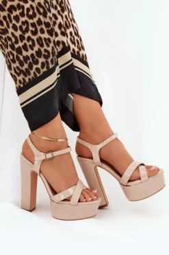 Boto Sandały Na Słupku|Sandały Na Obcasie*Sandały Damskie Na Wysokim Słupku I Platformie Lakierowane Beżowe Jovenes Beżowy