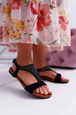 Clearance Boto Sandały Damskie Płaskie Czarne Sorsano