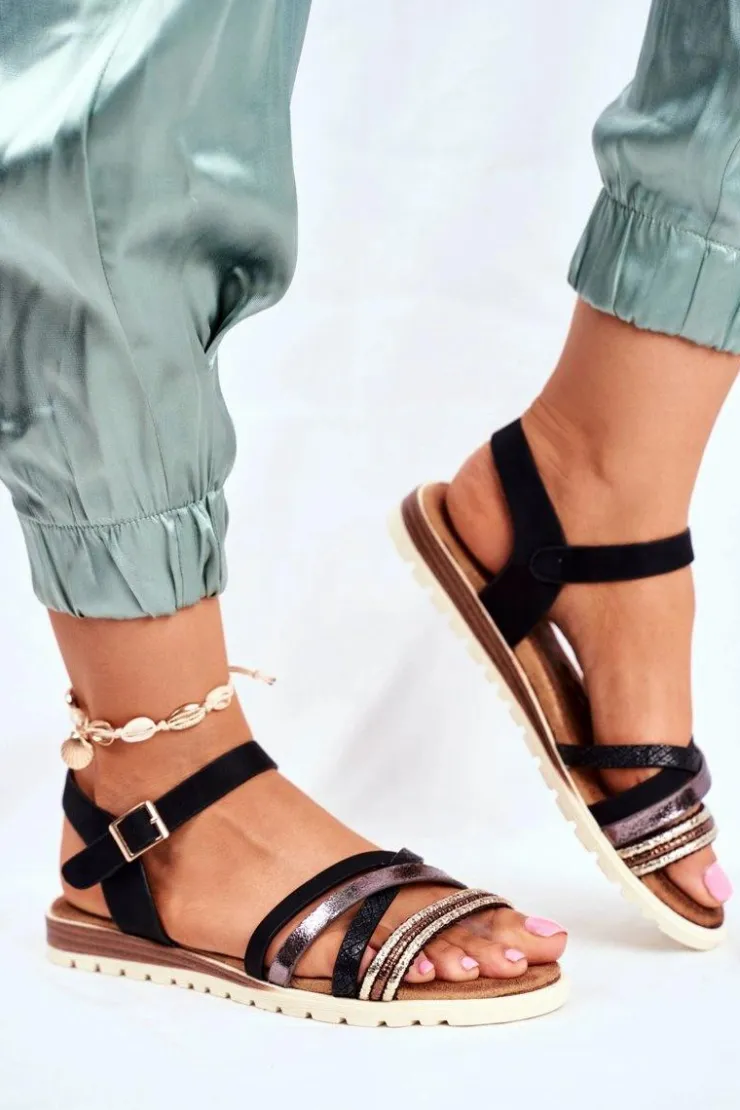 New Evento Sandały Damskie Płaskie Czarne Replay