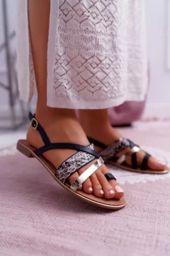 Best Boto Sandały Damskie Płaskie Eleganckie Czarne Beathe