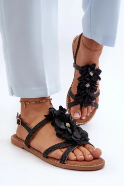 Damskie Boto Sandały Damskie Płaskie Ozdobione Kwiatkami Czarne Abidina