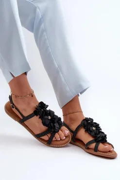 Damskie Boto Sandały Damskie Płaskie Ozdobione Kwiatkami Czarne Abidina