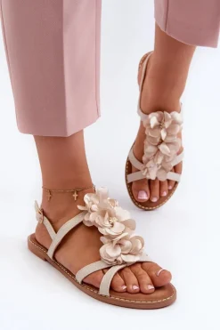 New Boto Sandały Damskie Płaskie Ozdobione Kwiatkami Beżowe Abidina