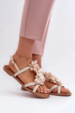 New Boto Sandały Damskie Płaskie Ozdobione Kwiatkami Beżowe Abidina