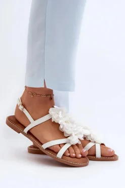 Boto Sandały Płaskie*Sandały Damskie Płaskie Ozdobione Kwiatkami Białe Abidina