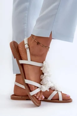 Boto Sandały Płaskie*Sandały Damskie Płaskie Ozdobione Kwiatkami Białe Abidina