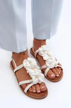 Boto Sandały Płaskie*Sandały Damskie Płaskie Ozdobione Kwiatkami Białe Abidina