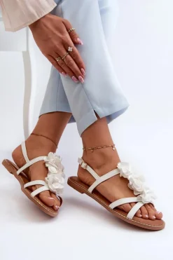 Boto Sandały Płaskie*Sandały Damskie Płaskie Ozdobione Kwiatkami Białe Abidina