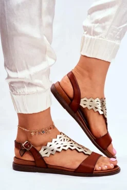 Outlet Buty Sergio Leone Sandały Damskie Płaskie Sergio Leone Brązowe SK035