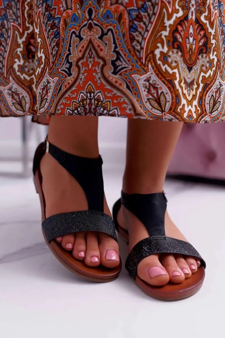 Damskie Buty Sergio Leone Sandały Damskie Płaskie Sergio Leone SK020 Czarne Magra