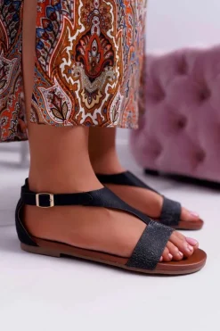 Damskie Buty Sergio Leone Sandały Damskie Płaskie Sergio Leone SK020 Czarne Magra