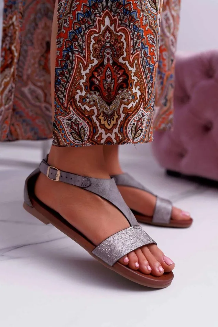 Discount Buty Sergio Leone Sandały Damskie Płaskie Sergio Leone SK020 Szare Magra