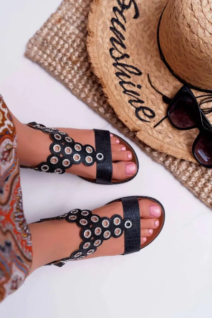 Damskie Buty Sergio Leone Sandały Damskie Płaskie Sergio Leone SK012 Czarne Livian