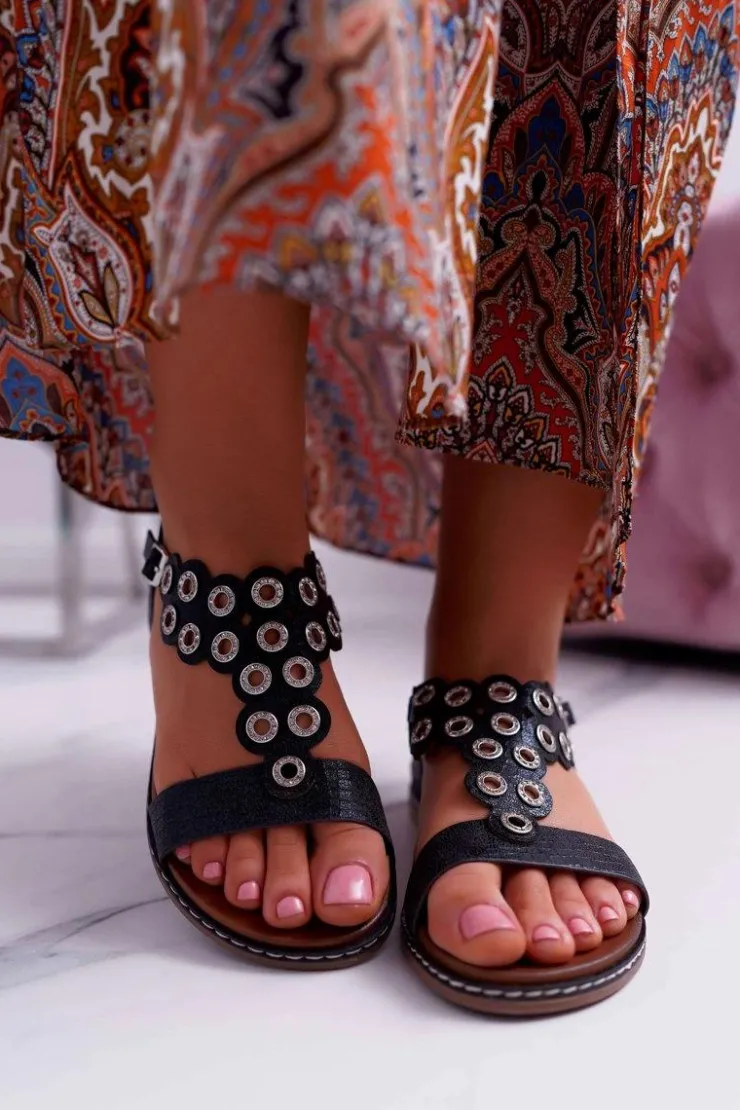 Damskie Buty Sergio Leone Sandały Damskie Płaskie Sergio Leone SK012 Czarne Livian