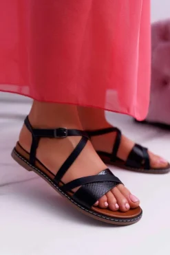 Buty Sergio Leone Sandały Płaskie*Sandały Damskie Płaskie Sergio Leone SK019 Czarne Dariana