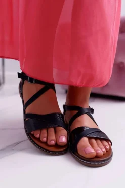 Buty Sergio Leone Sandały Płaskie*Sandały Damskie Płaskie Sergio Leone SK019 Czarne Dariana