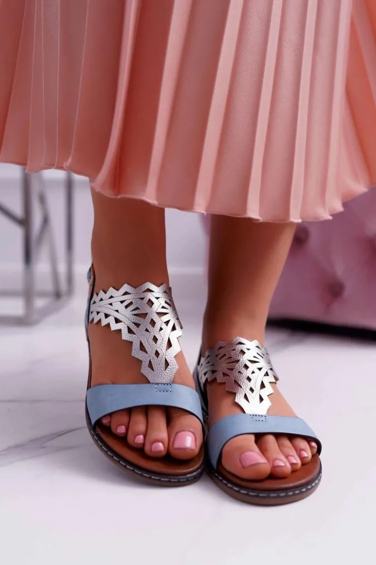 Sale Buty Sergio Leone Sandały Damskie Płaskie Sergio Leone SK011 Niebieskie Lirielle