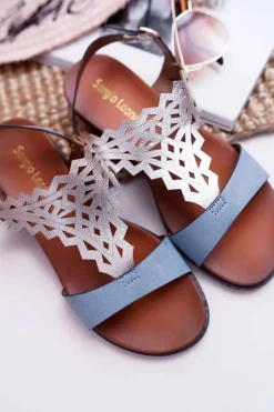 Sale Buty Sergio Leone Sandały Damskie Płaskie Sergio Leone SK011 Niebieskie Lirielle