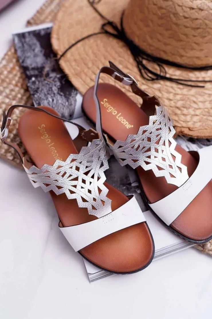 Buty Sergio Leone Sandały Płaskie*Sandały Damskie Płaskie Sergio Leone SK011 Białe Lirielle