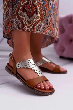 Damskie Buty Sergio Leone Sandały Damskie Płaskie Sergio Leone SK011 Camel Lirielle