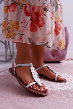 Outlet Boto Sandały Damskie Płaskie Skórzane Srebrne Nicole 2383