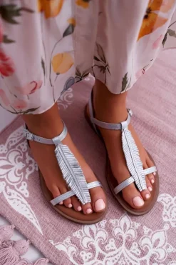 Outlet Boto Sandały Damskie Płaskie Skórzane Srebrne Nicole 2383