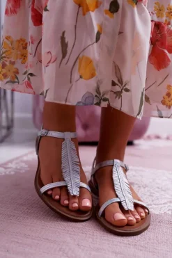 Outlet Boto Sandały Damskie Płaskie Skórzane Srebrne Nicole 2383