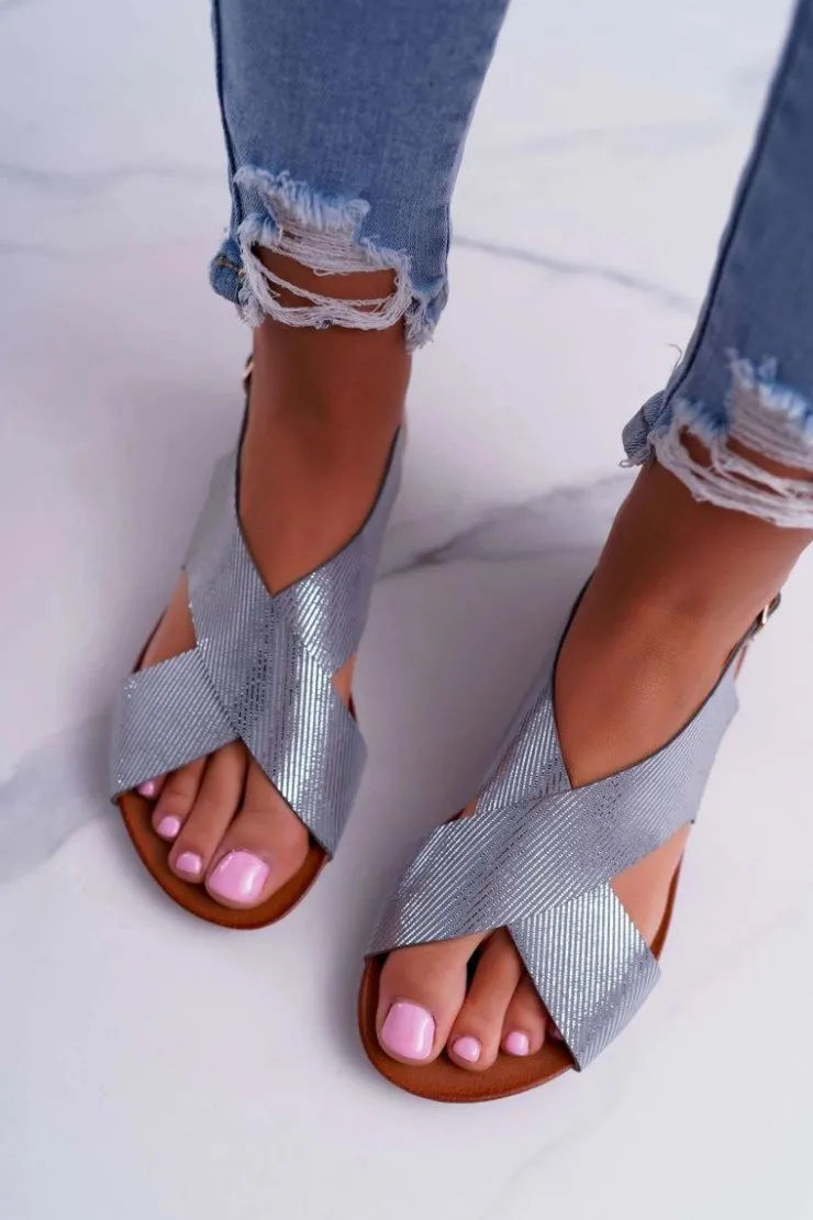 Discount Laura Messi Sandały Damskie Płaskie Skórzane Srebrne 1960