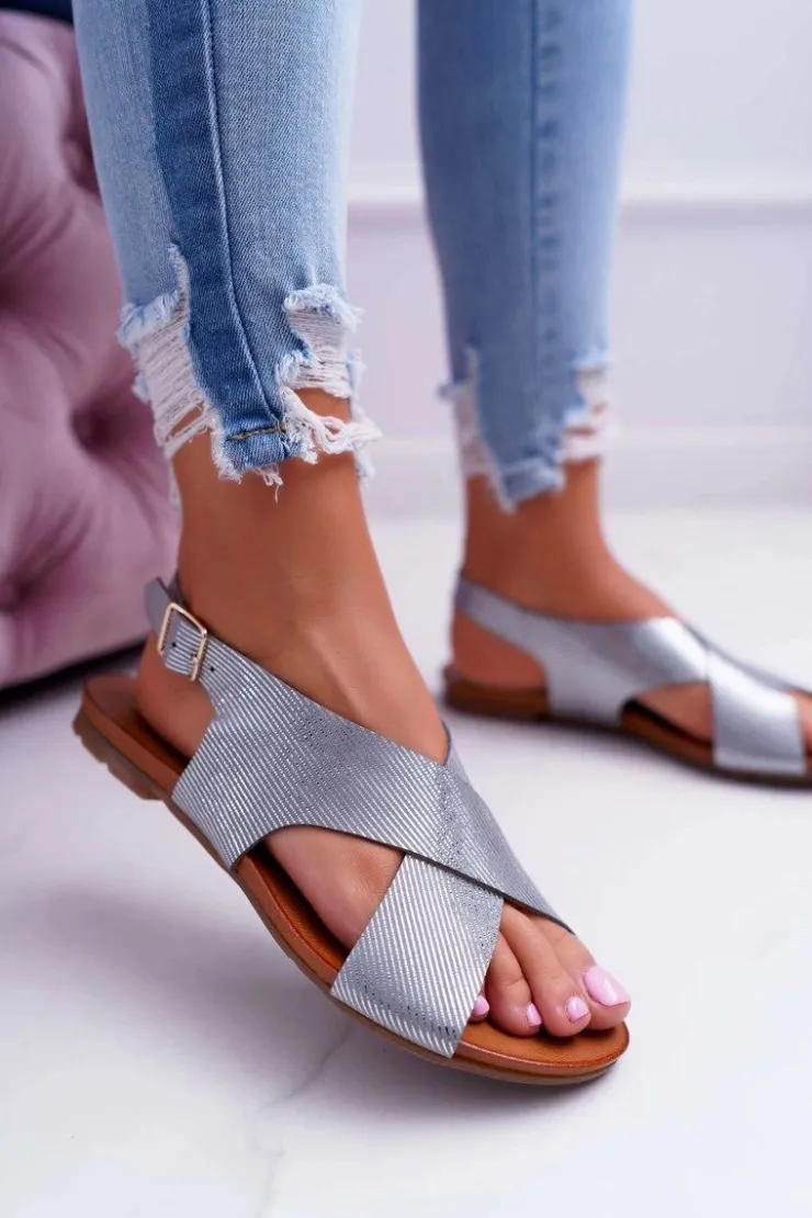 Discount Laura Messi Sandały Damskie Płaskie Skórzane Srebrne 1960