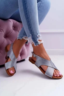 Discount Laura Messi Sandały Damskie Płaskie Skórzane Srebrne 1960