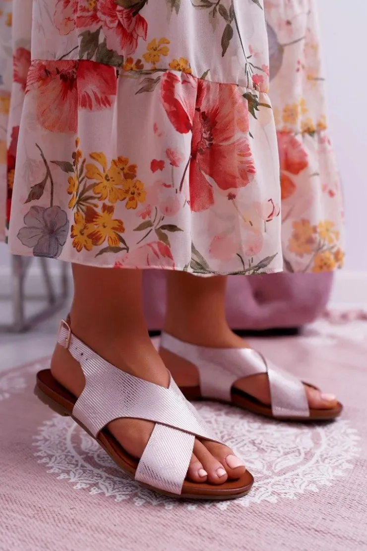 Laura Messi Sandały Płaskie*Sandały Damskie Płaskie Skórzane Różowe 1960