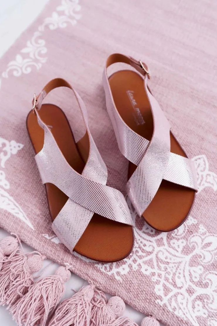 Laura Messi Sandały Płaskie*Sandały Damskie Płaskie Skórzane Różowe 1960