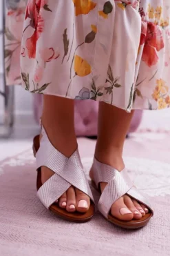 Laura Messi Sandały Płaskie*Sandały Damskie Płaskie Skórzane Różowe 1960