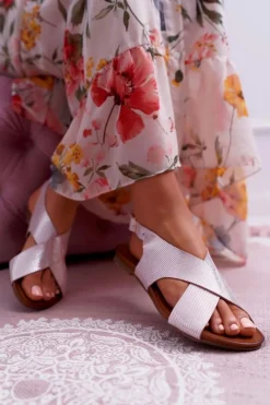 Laura Messi Sandały Płaskie*Sandały Damskie Płaskie Skórzane Różowe 1960