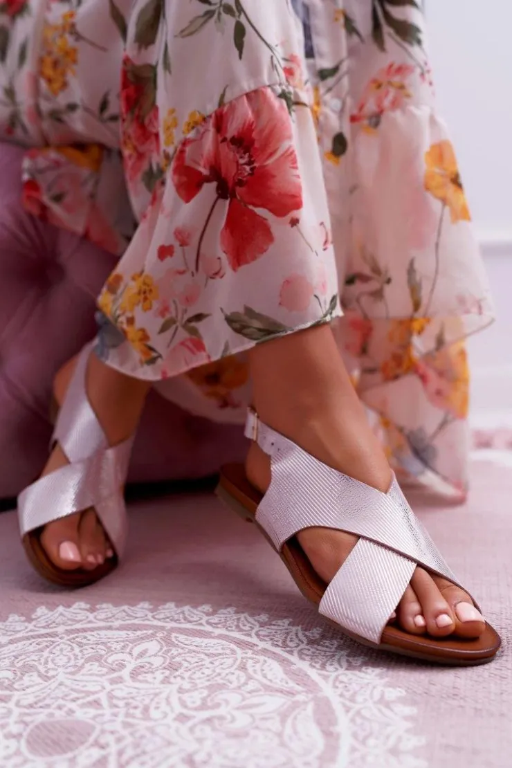 Laura Messi Sandały Płaskie*Sandały Damskie Płaskie Skórzane Różowe 1960