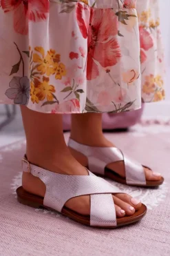 Laura Messi Sandały Płaskie*Sandały Damskie Płaskie Skórzane Różowe 1960